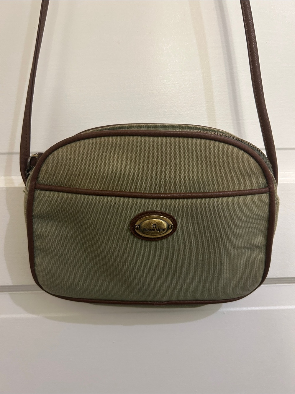 Etienne Aigner Olive Canvas Crossbody with Brown Trim and Brass Plaque